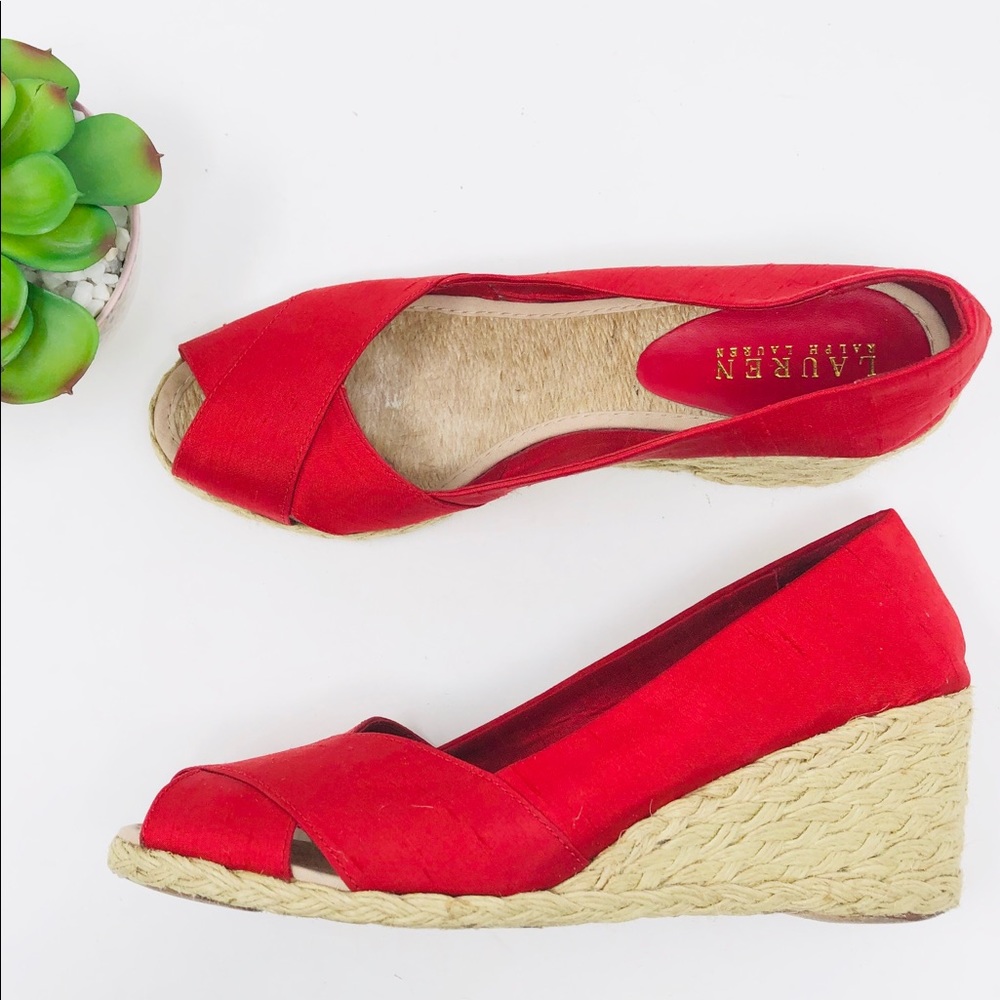 Ralph Lauren silk peep toe red espadrilles 8.5